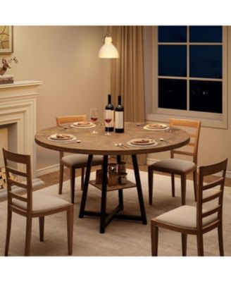 Modern Industrial Round Dining Table for 4-6 - 47" Wood Grain Top with Metal Legs and Storage Shelf, Easy Assembly for Home Office Living Room
