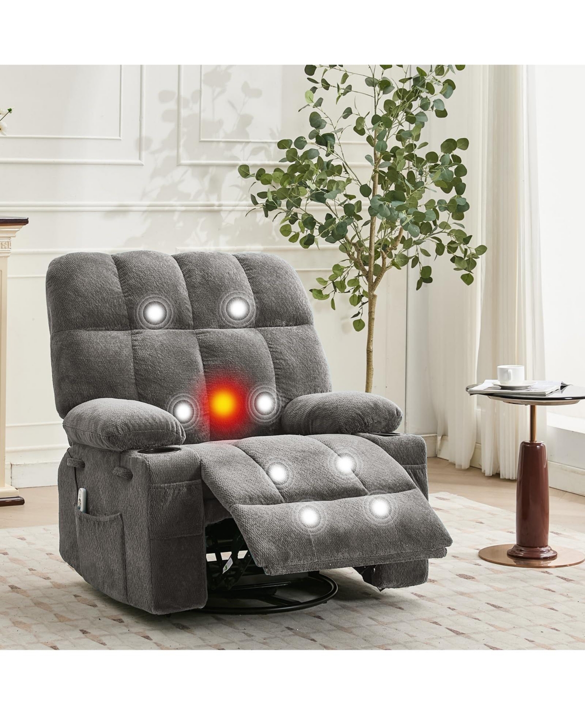 homfan Oversized Swivel Rocker Recliner Chair with Massage, Lumbar Heat, Cup Holders and Side Pockets, Seating for Living Room