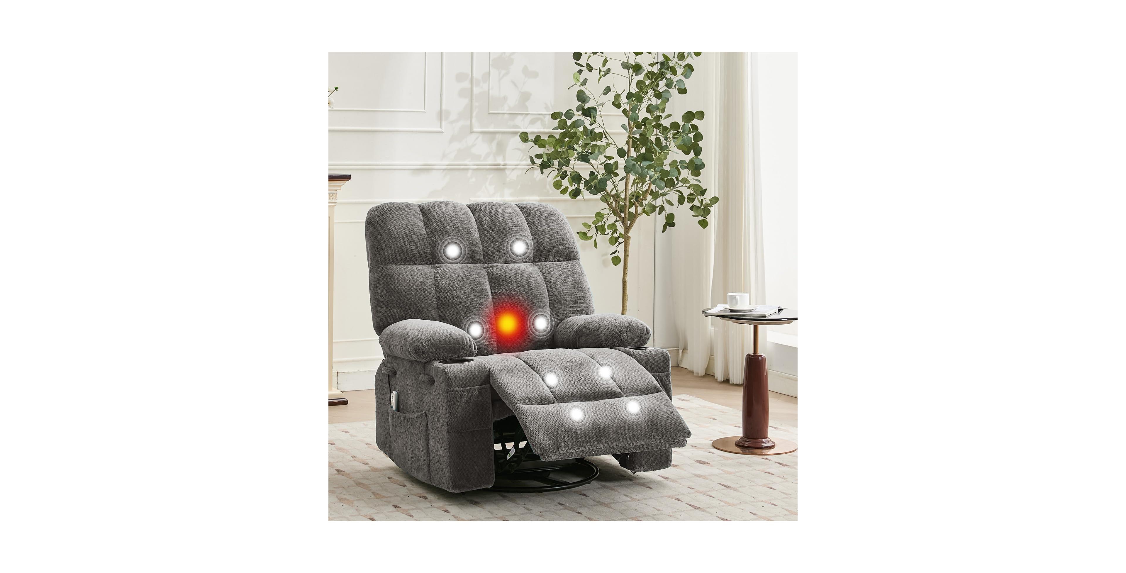 homfan Oversized Swivel Rocker Recliner Chair with Massage, Lumbar Heat, Cup Holders and Side Pockets, Seating for Living Room