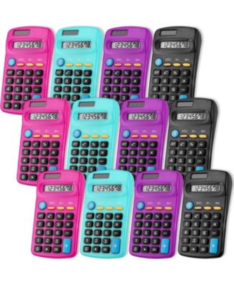 12 Pack Mini Pocket Basic Solar Calculators 4 Color Assorted Bulk Set