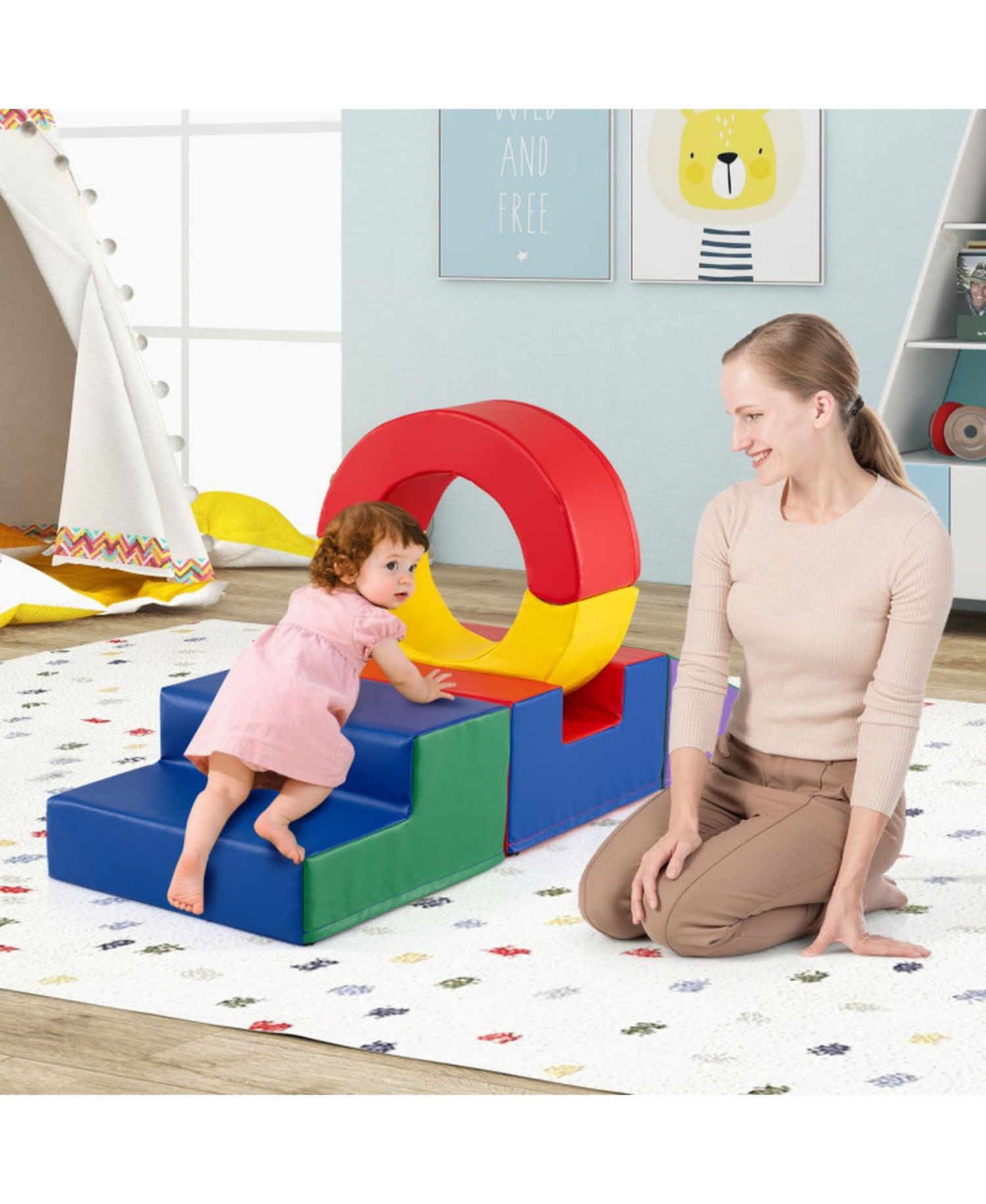 5-Piece Soft Foam Climbing Block Set with Stairs and Ring Tunnel Shapes Ages 1