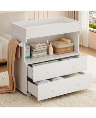 Modern Baby Changing Table Dresser, Nursery Diaper Changing Station with 2 Drawers and Open Shelf