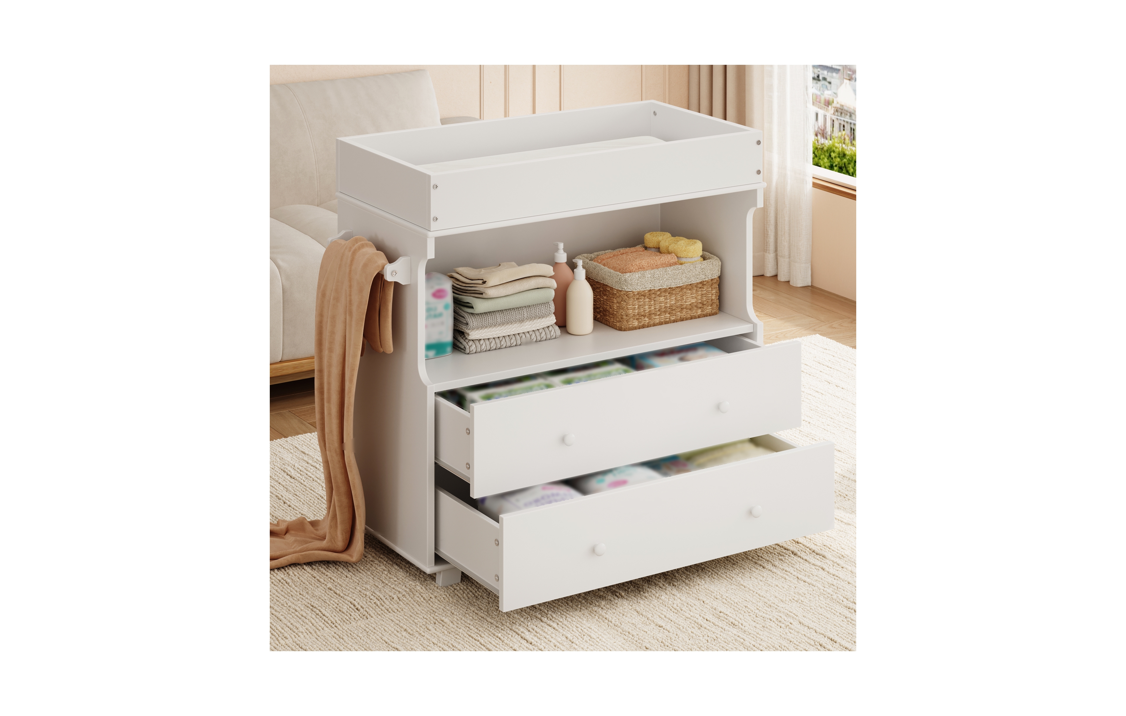 homfan Modern Baby Changing Table Dresser, Nursery Diaper Changing Station with 2 Drawers and Open Shelf