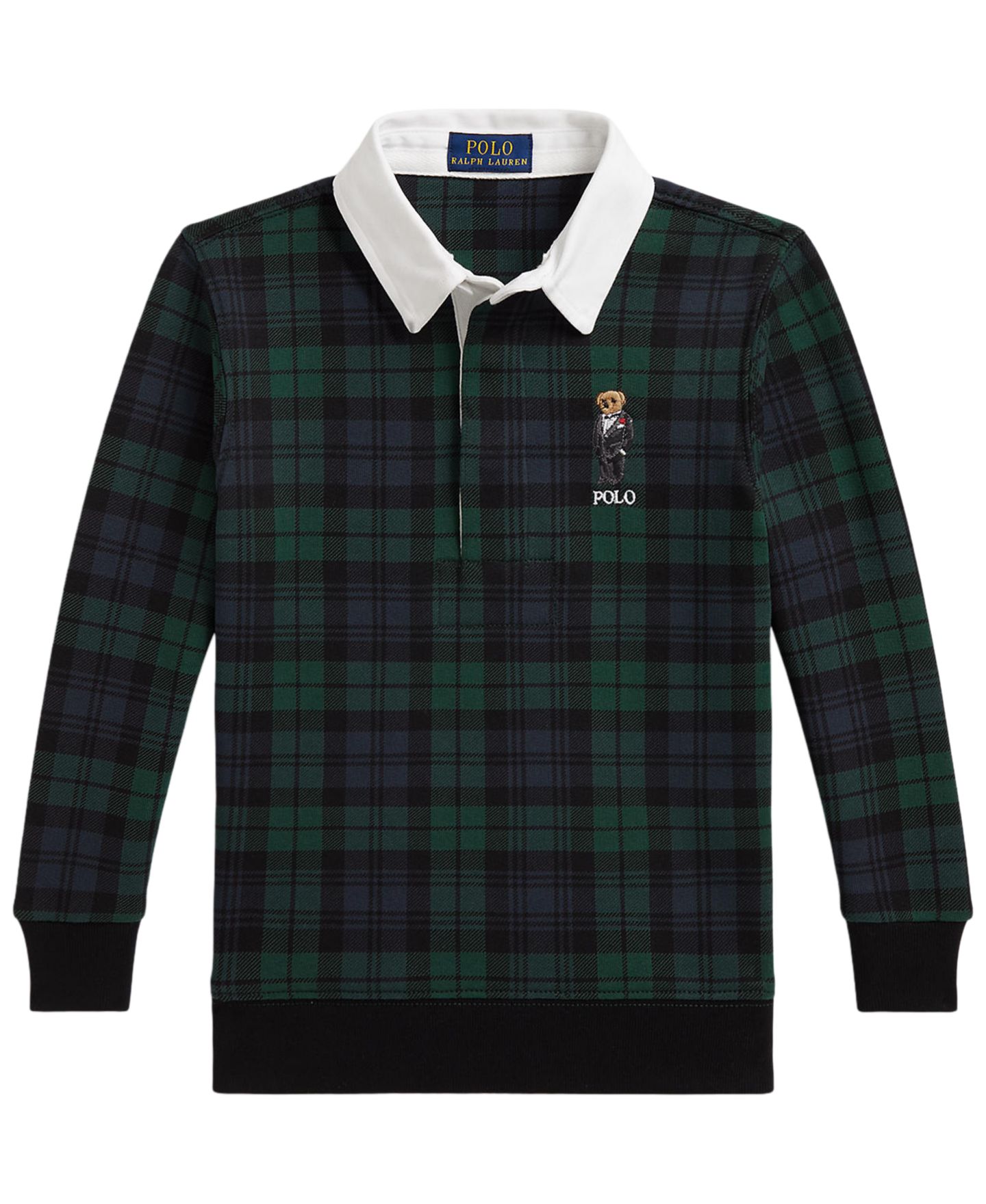 Детский регбийный свитшот Polo Ralph Lauren Polo Bear в клетку, 2T-7, цвет: Чёрный / Зелёный — фото 1