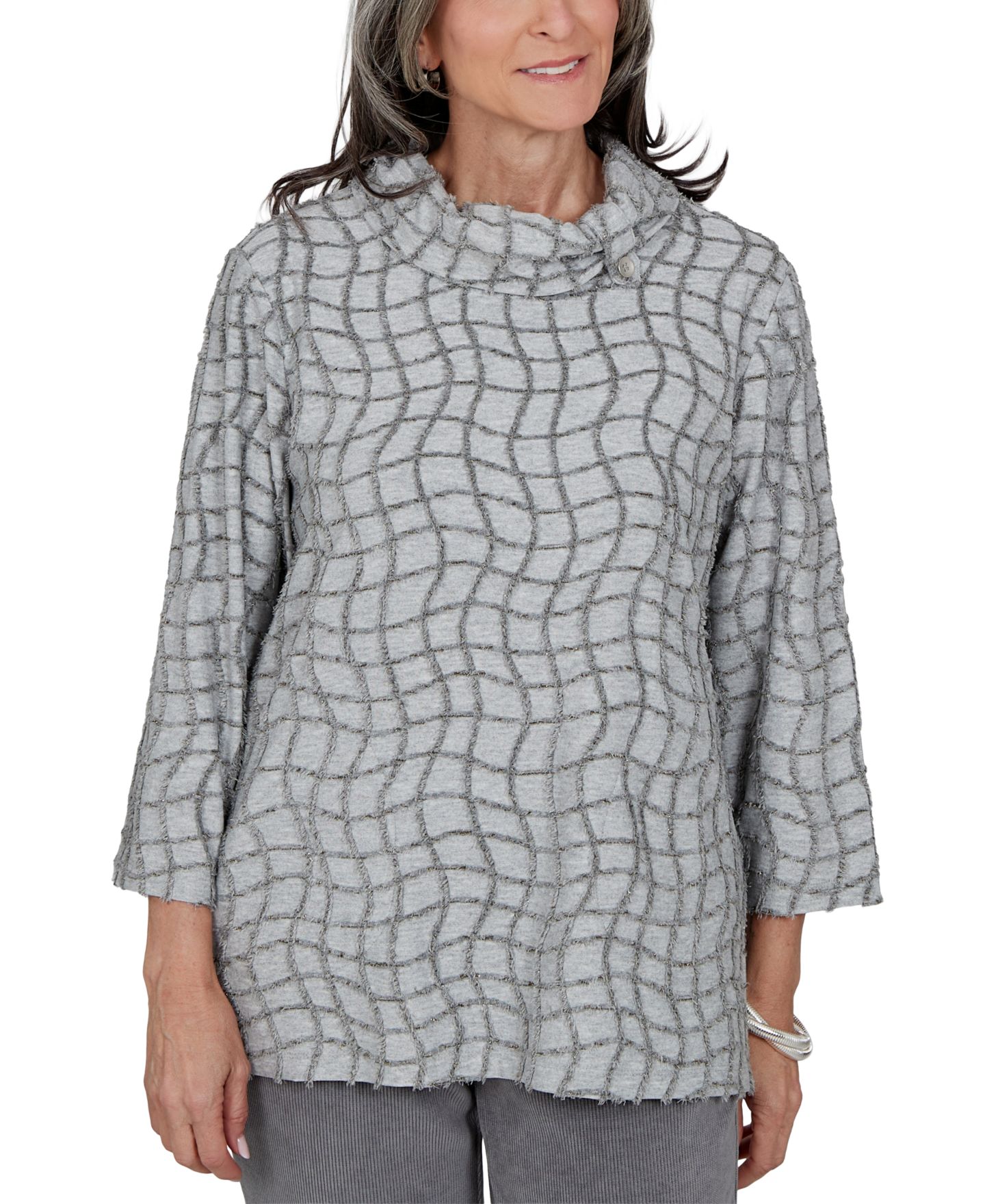 Женская блузка Alfred Dunner Petite 3/4-Sleeve Cowl Neck Geometric, цвет: Серый — фото 1