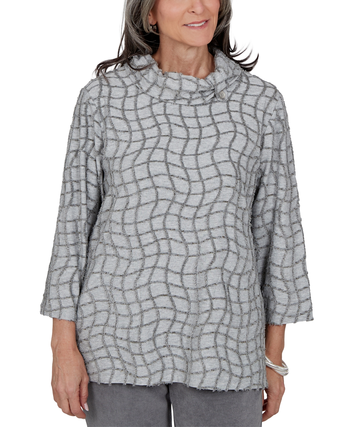 Alfred Dunner Petite 3/4-sleeve Cowl Neck Geometric Blouse In Grey