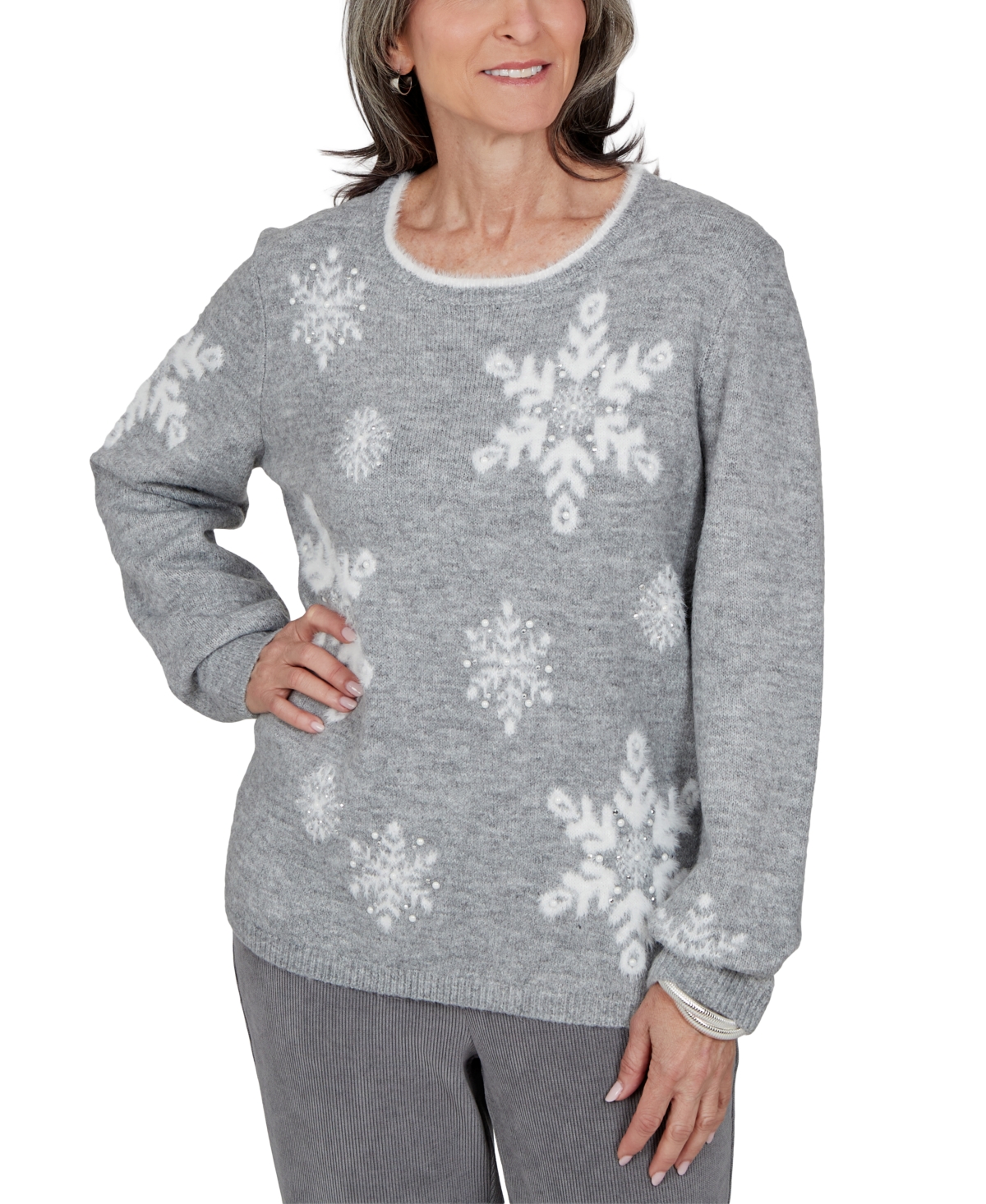 Alfred Dunner Petite Snowflake Long-sleeve Crewneck Sweater In Gray