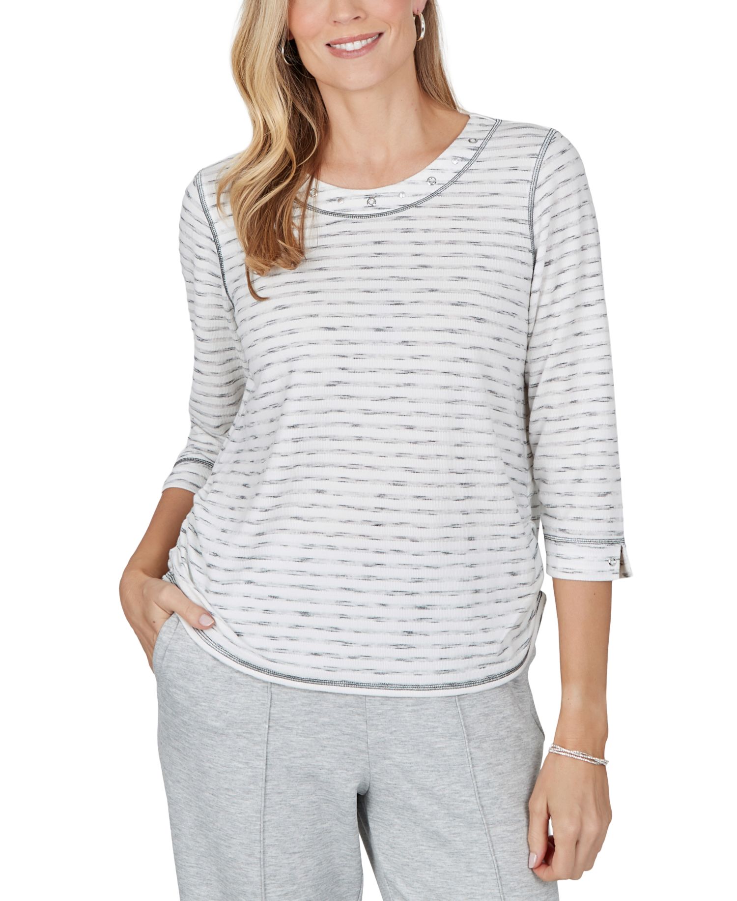 Petite Crewneck Ruched 3/4-Sleeve T-Shirt