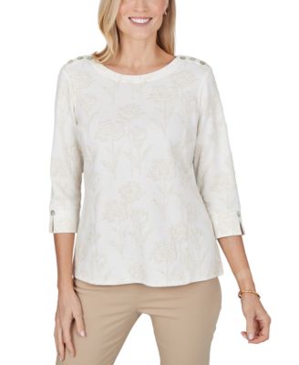 Petite Boat-Neck 3/4-Sleeve Floral-Print Blouse