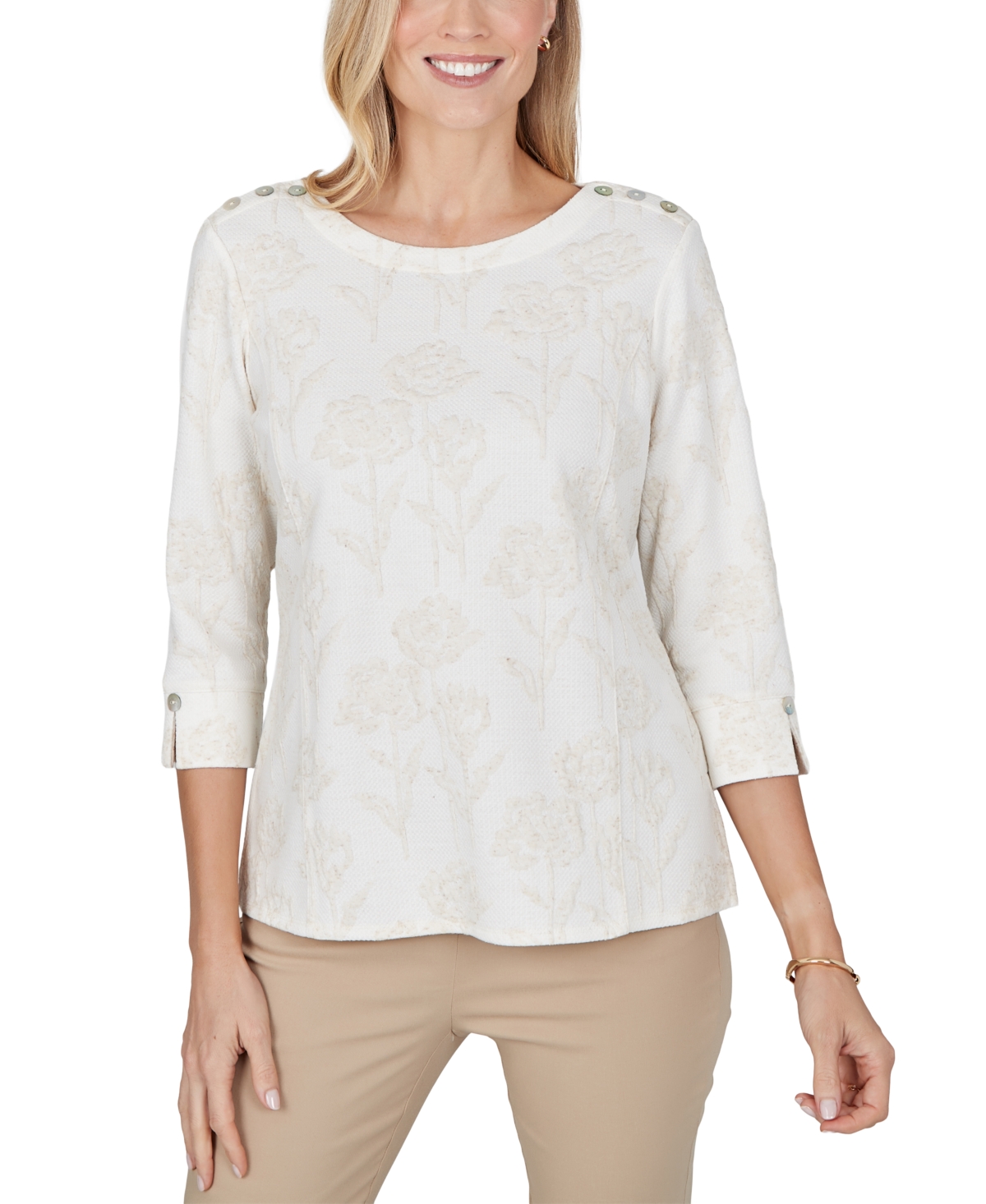 Alfred Dunner Petite Boat-Neck 3/4-Sleeve Floral-Print Blouse