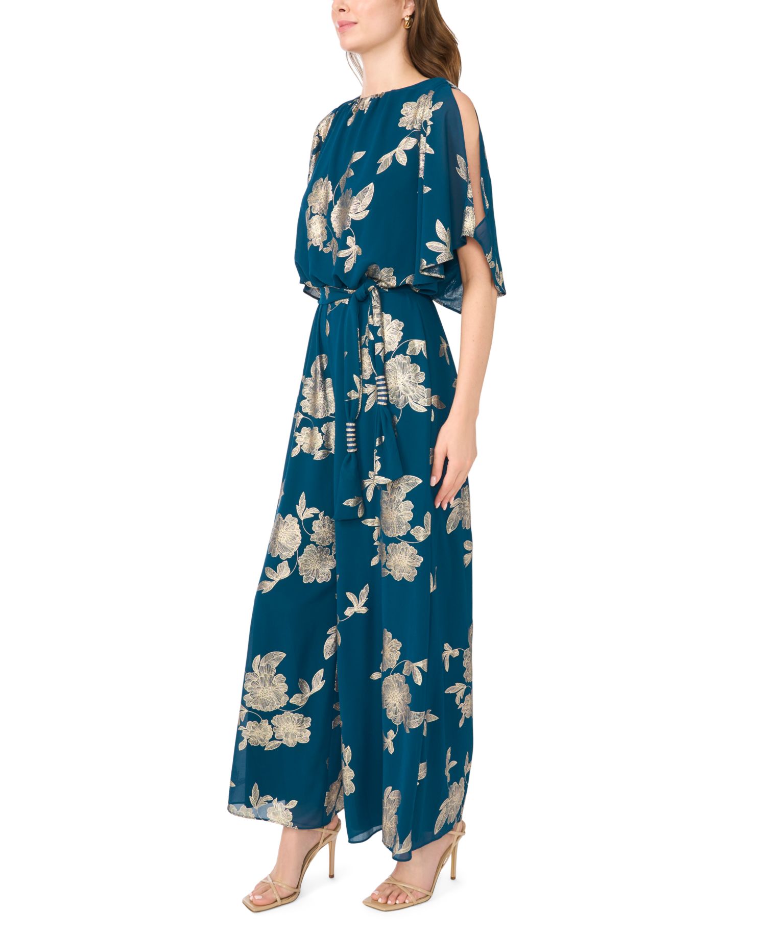Women's Floral-Print Metallic Wide-Leg Jumpsuit