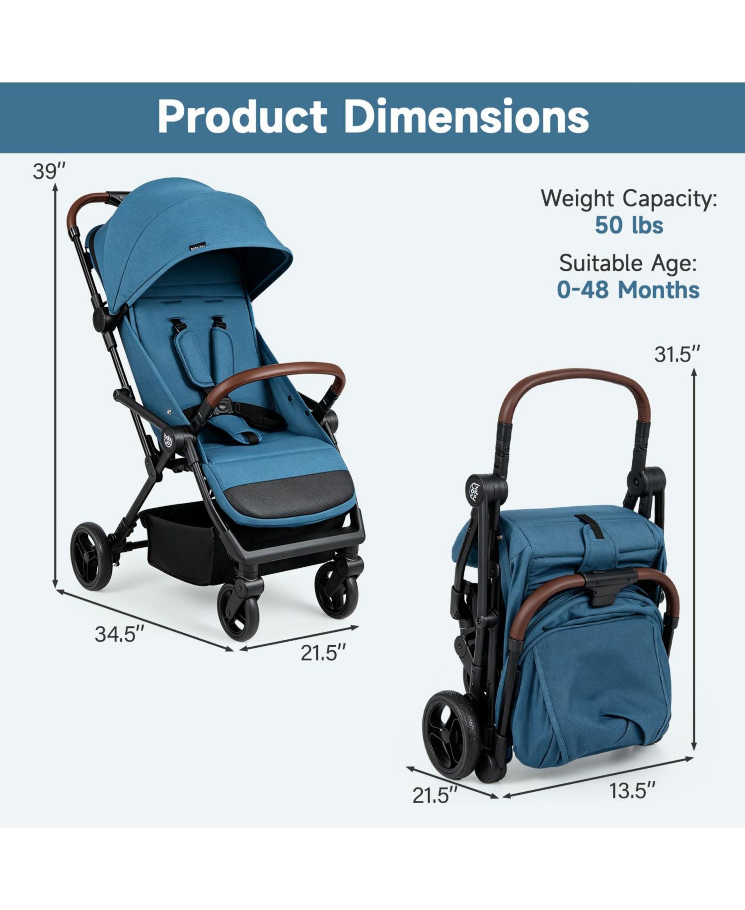 Lightweight Baby Stroller w/One-Hand Folding Adjustable Canopy Backrest Footrest