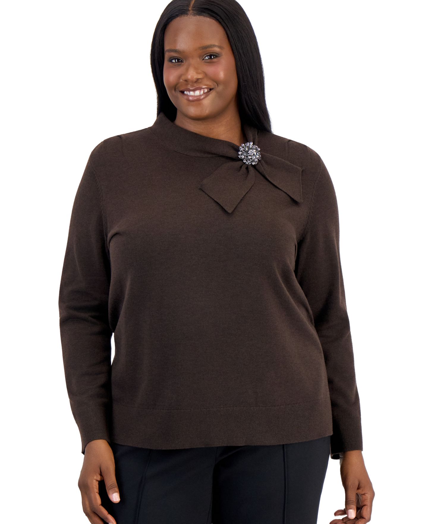 Женский свитер Kasper Plus Size Tie-Neck Pleated-Shoulder, цвет: Насыщенный шоколадный — фото 1