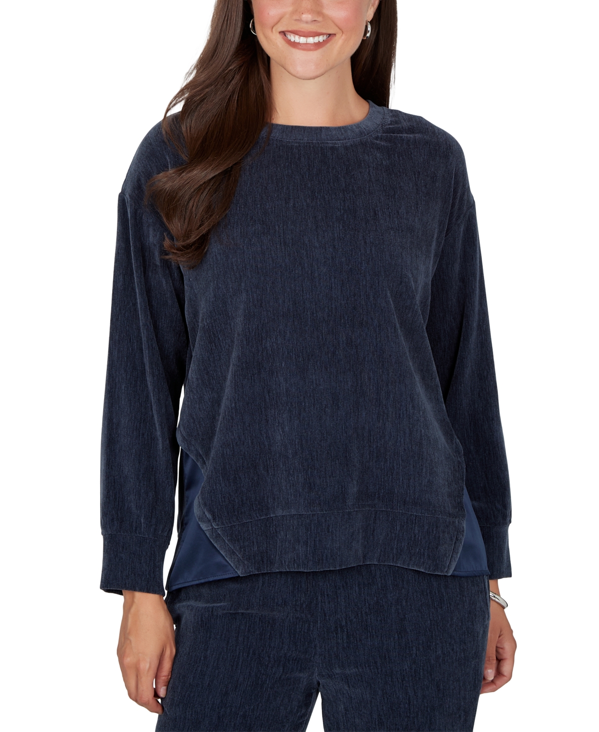 Ruby Rd. Women's Crewneck Long-Sleeve Side-Slit Corduroy Pullover - Ink