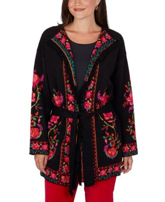 Petite Shawl Collar Floral-Print Long-Sleeve Cardigan