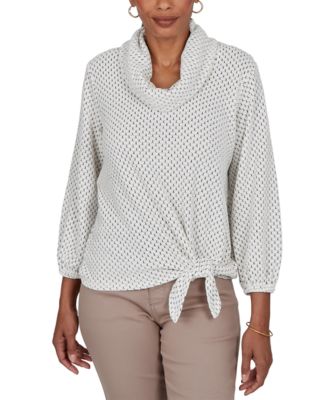 Petite Honeycomb Tie-Front Cowl Neck Top