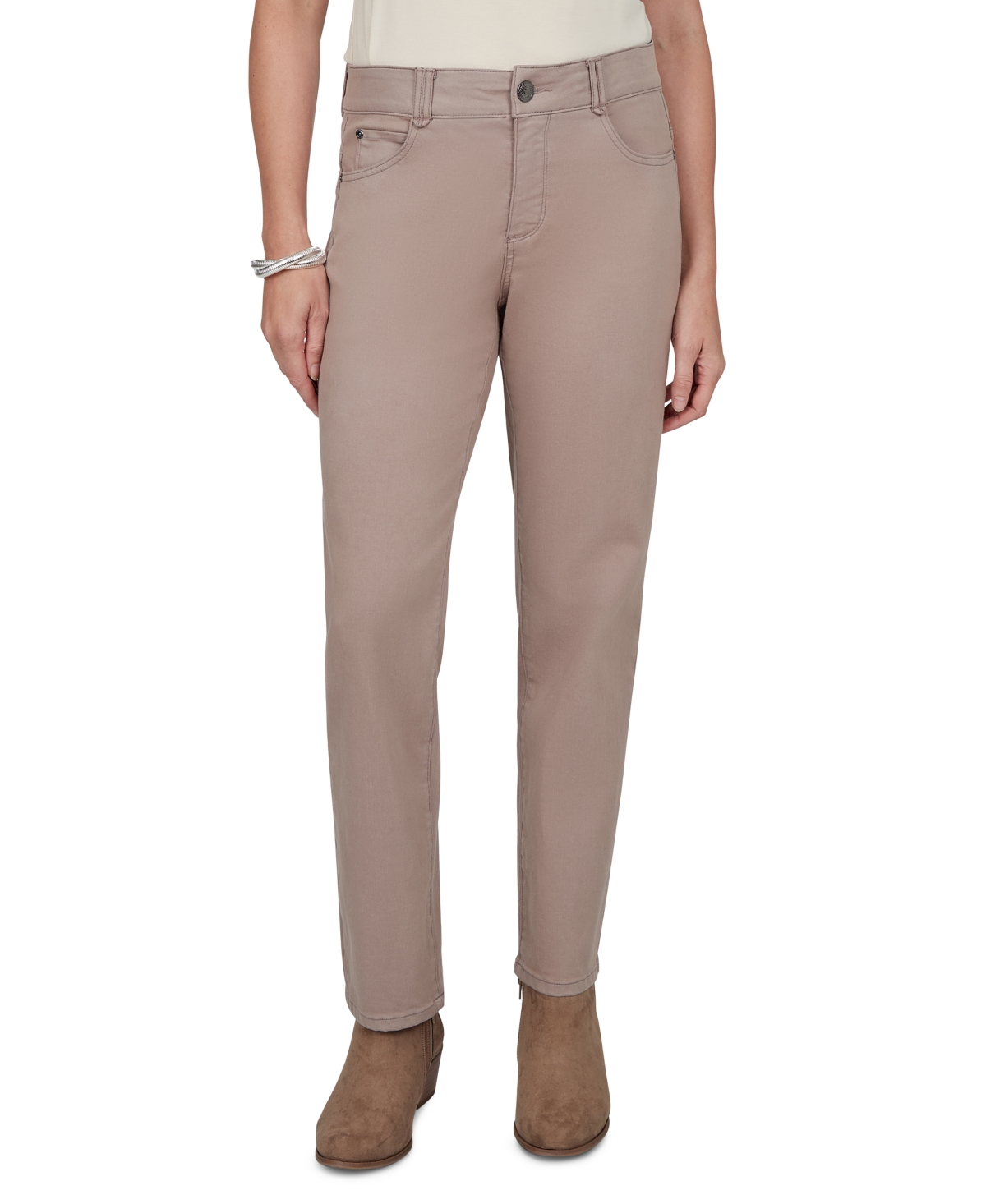 Ruby Rd. Petite Colored Denim Straight Jeans In Taupe