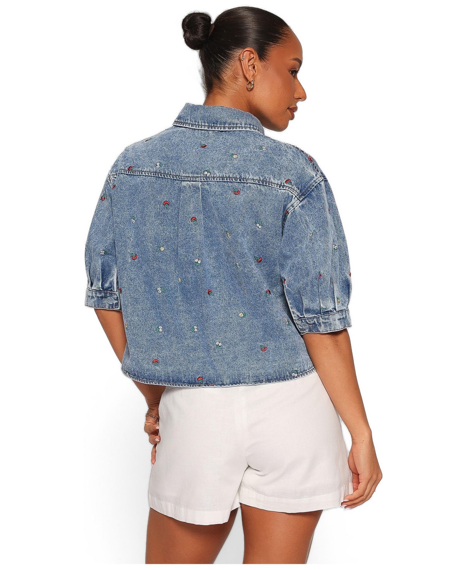 Women's Nerys Embroidered Denim Spread Collar Short-Sleeve Shirt