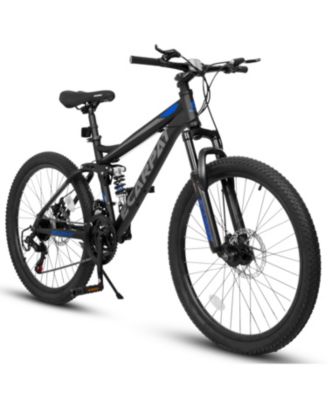 24 Inch Mountain Bike with Full Suspension,21 Speed Shifter Lever with Gear Indicator,High Carbon Steel Frame,Mechanical Disc Brakes.