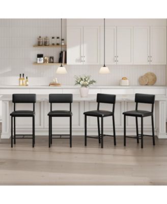 Set of 4 Bar Stools 24" PU Leather Padded Seat Metal Frame with Backrest for Kitchen Counter Dining