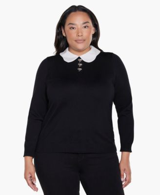 Plus Size Collared Long-Sleeve Bow-Detail Sweater