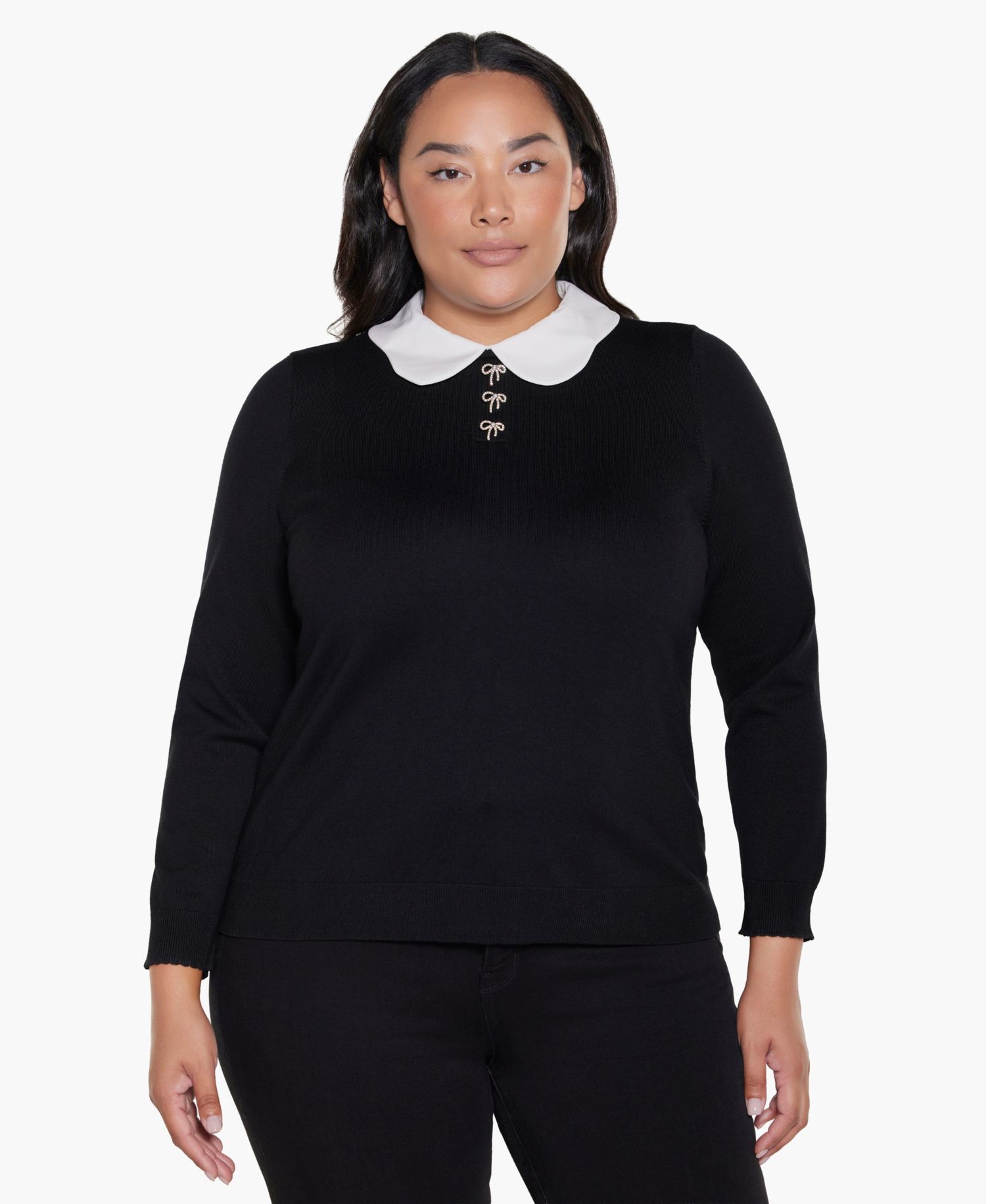 Plus Size Collared Long-Sleeve Bow-Detail Sweater