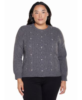 Plus Size Cable Knit Crewneck Long-Sleeve Pullover Sweater