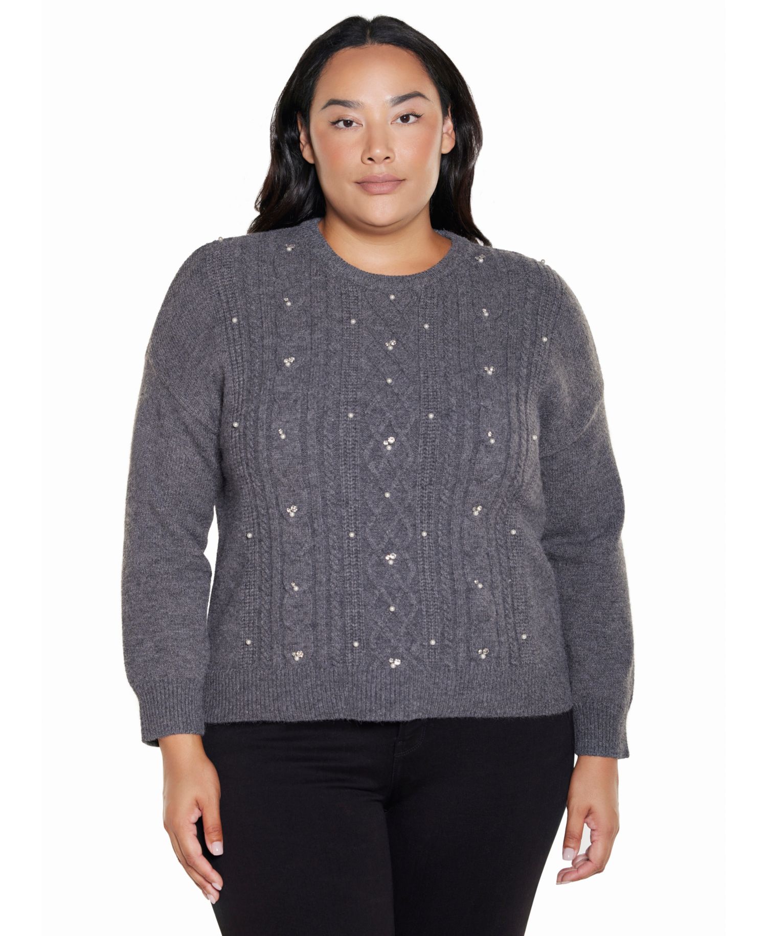 Plus Size Cable Knit Crewneck Long-Sleeve Pullover Sweater