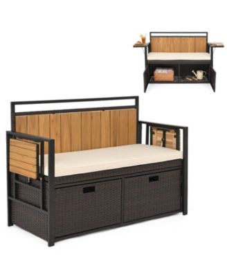 Storage Bench with Folding Side Tables and Cushioned Seat