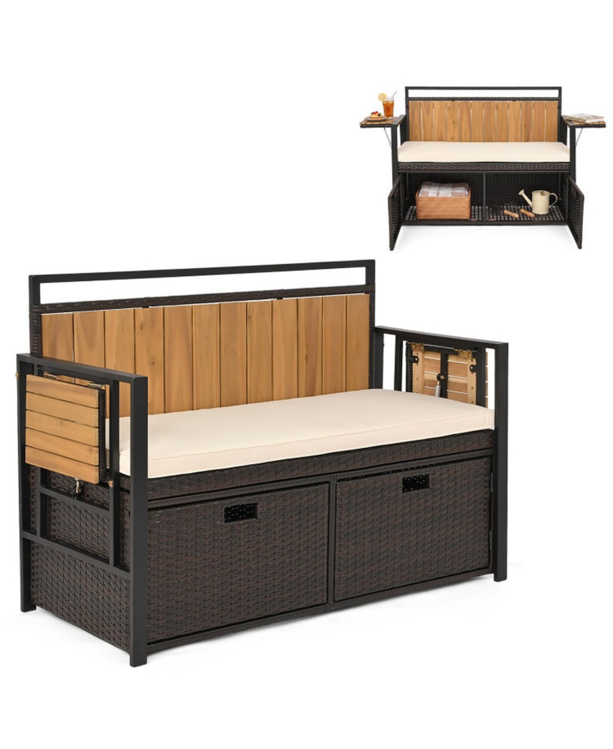 Sugift Storage Bench with Folding Side Tables and Cushioned Seat