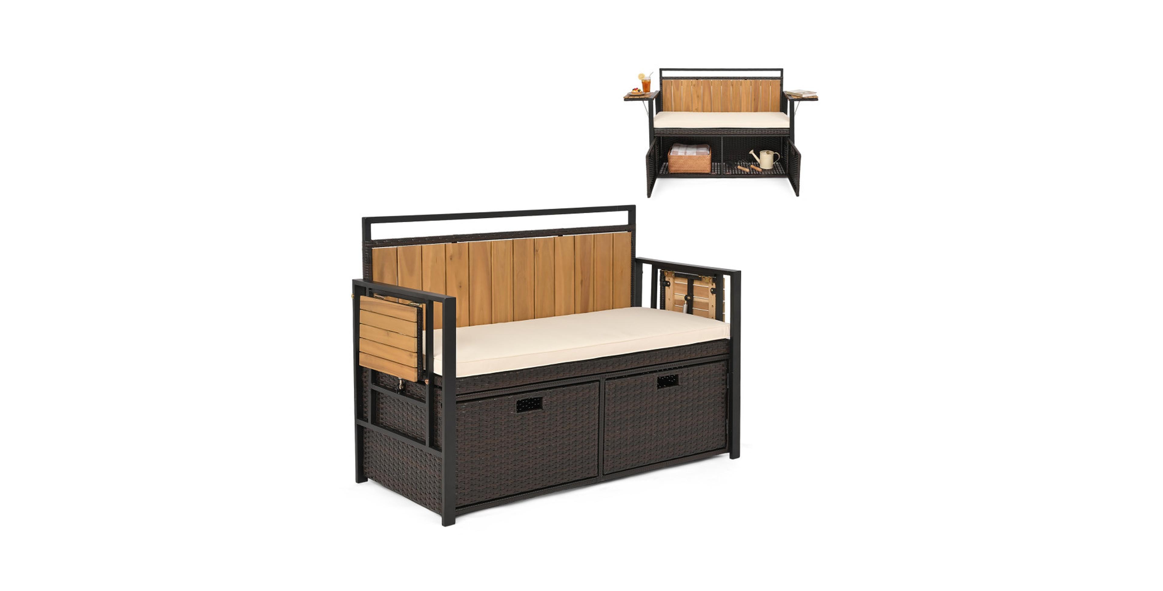 Sugift Storage Bench with Folding Side Tables and Cushioned Seat