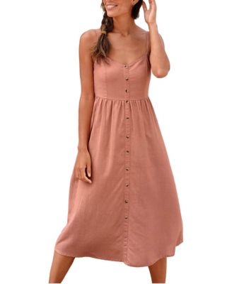 Women's Printed Button Up Panel Smocked A-Line V-Neck Midi Dress