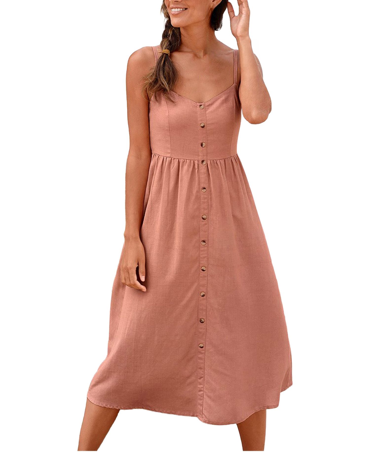 Women's Printed Button Up Panel Smocked A-Line V-Neck Midi Dress