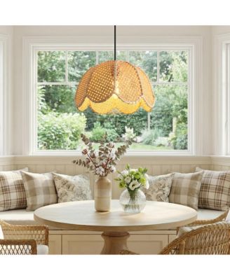 1-Light Farmhouse Flower Shaped Hand-Woven Natural Rattan Ceiling Light Fixture