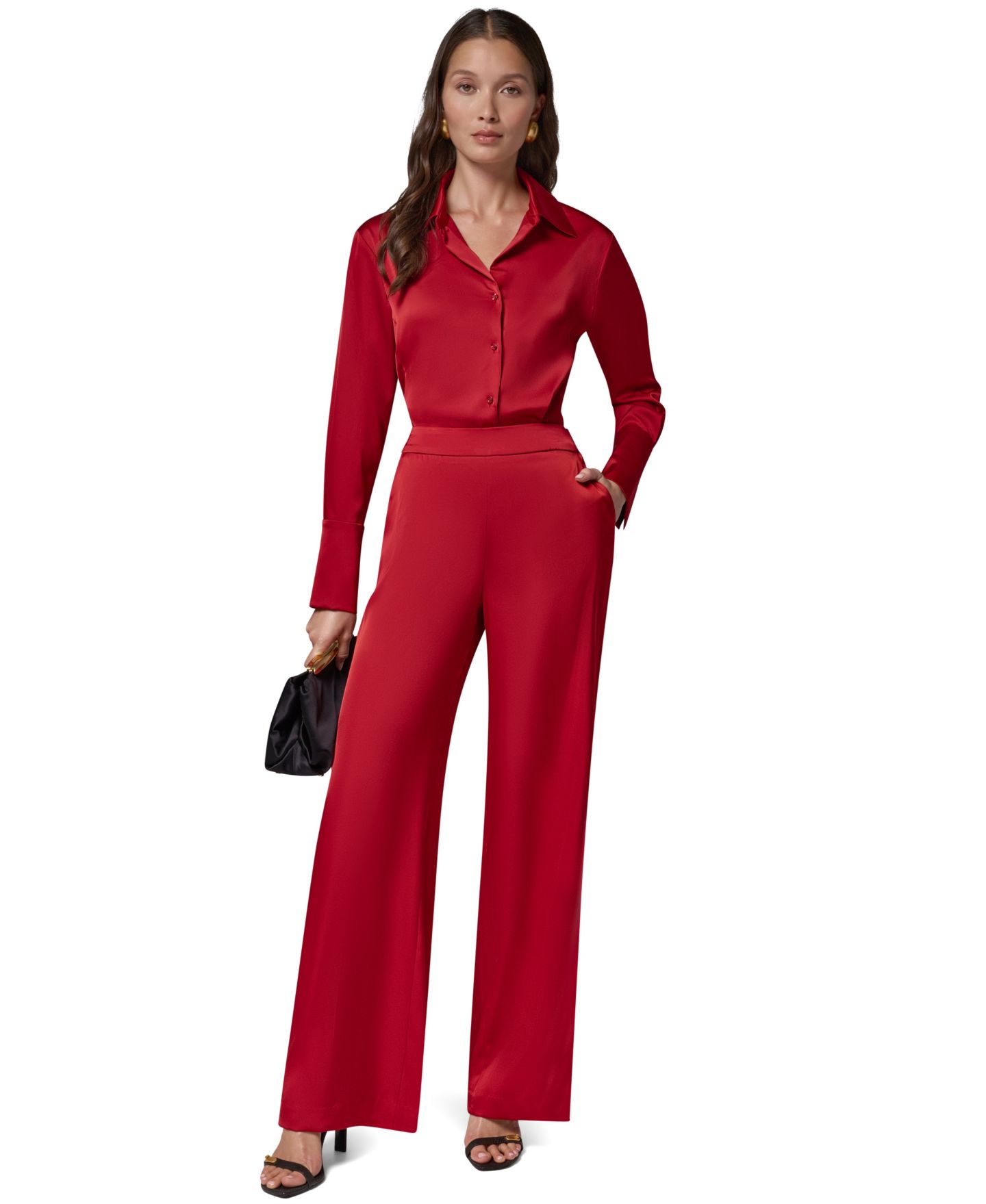 Женские широкие атласные брюки Donna Karan New York с боковой молнией, цвет: Красный бархатный — фото 3