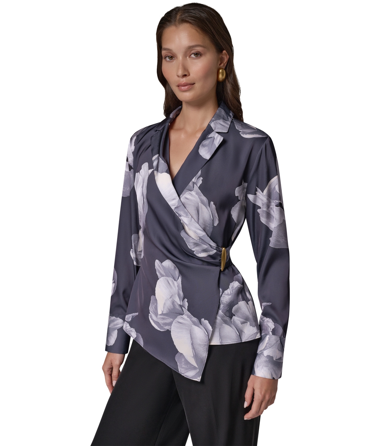 Donna Karan New York Women's Wrap Floral-Print Long-Sleeve Blouse