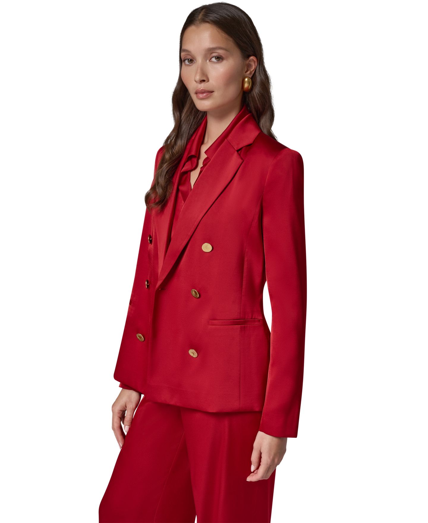 Женский двубортный атласный блейзер Donna Karan New York с плечевыми накладками, цвет: Красный бархатный — фото 9