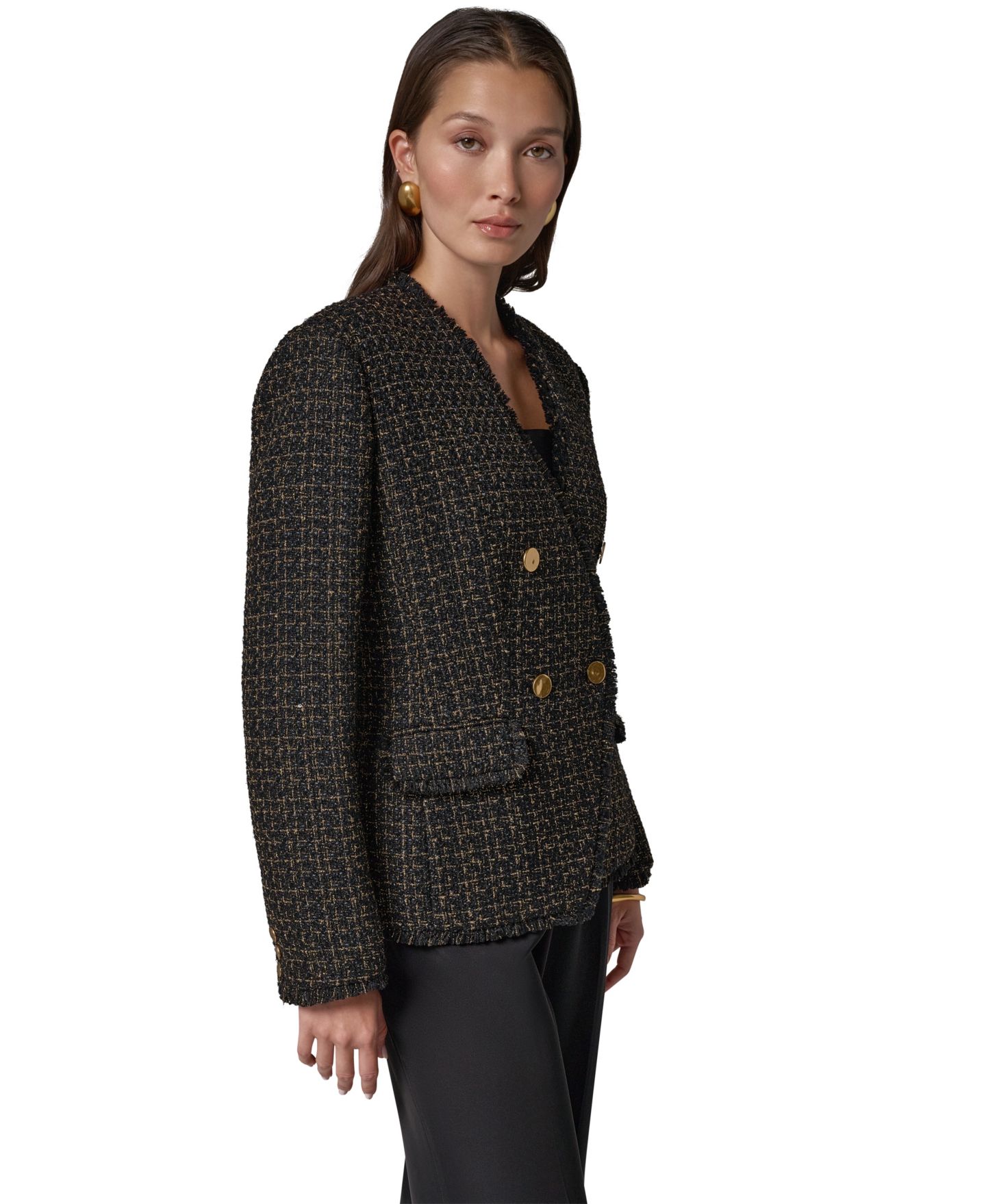 Женский пиджак Donna Karan New York Double Breasted Tweed, цвет: Чёрный / Золотой — фото 6