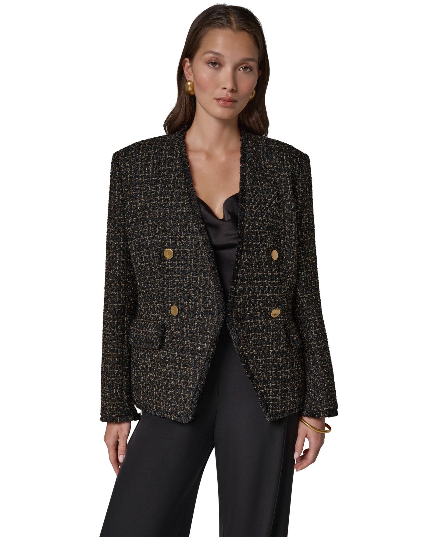 Женский пиджак Donna Karan New York Double Breasted Tweed, цвет: Чёрный / Золотой — фото 1