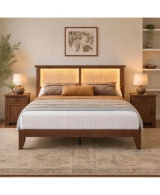 Rattan Platform Bed Frame with LED Lights and Storage Headboard + 2 Farmhouse Charging End Tables  Bedroom Set, No Box Spring Needed