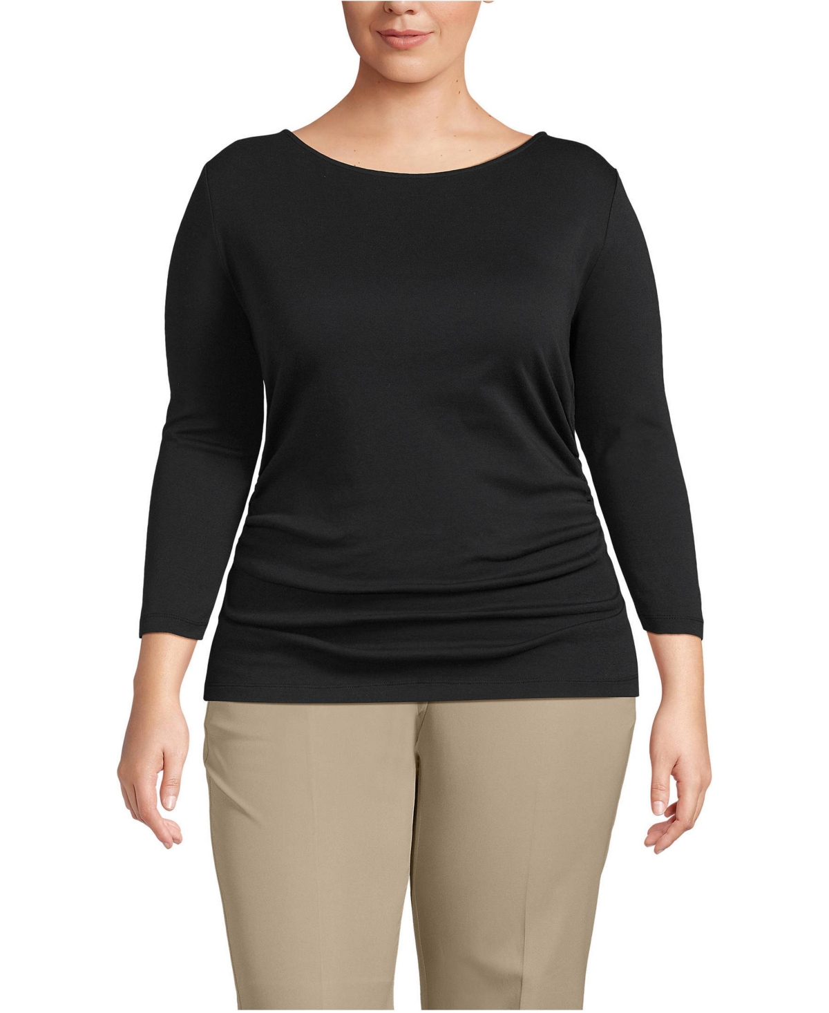 Lands' End Plus Size Supima Micro Modal Three Quarter Sleeve Ruched Waist Top - Black