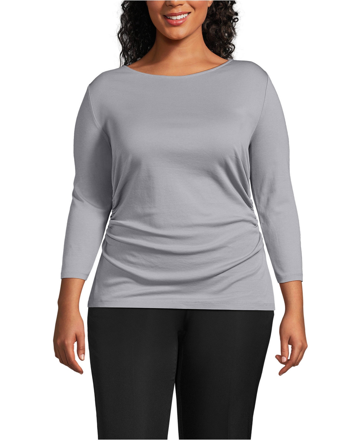 Lands' End Plus Size Supima Micro Modal Three Quarter Sleeve Ruched Waist Top - Harbor gray