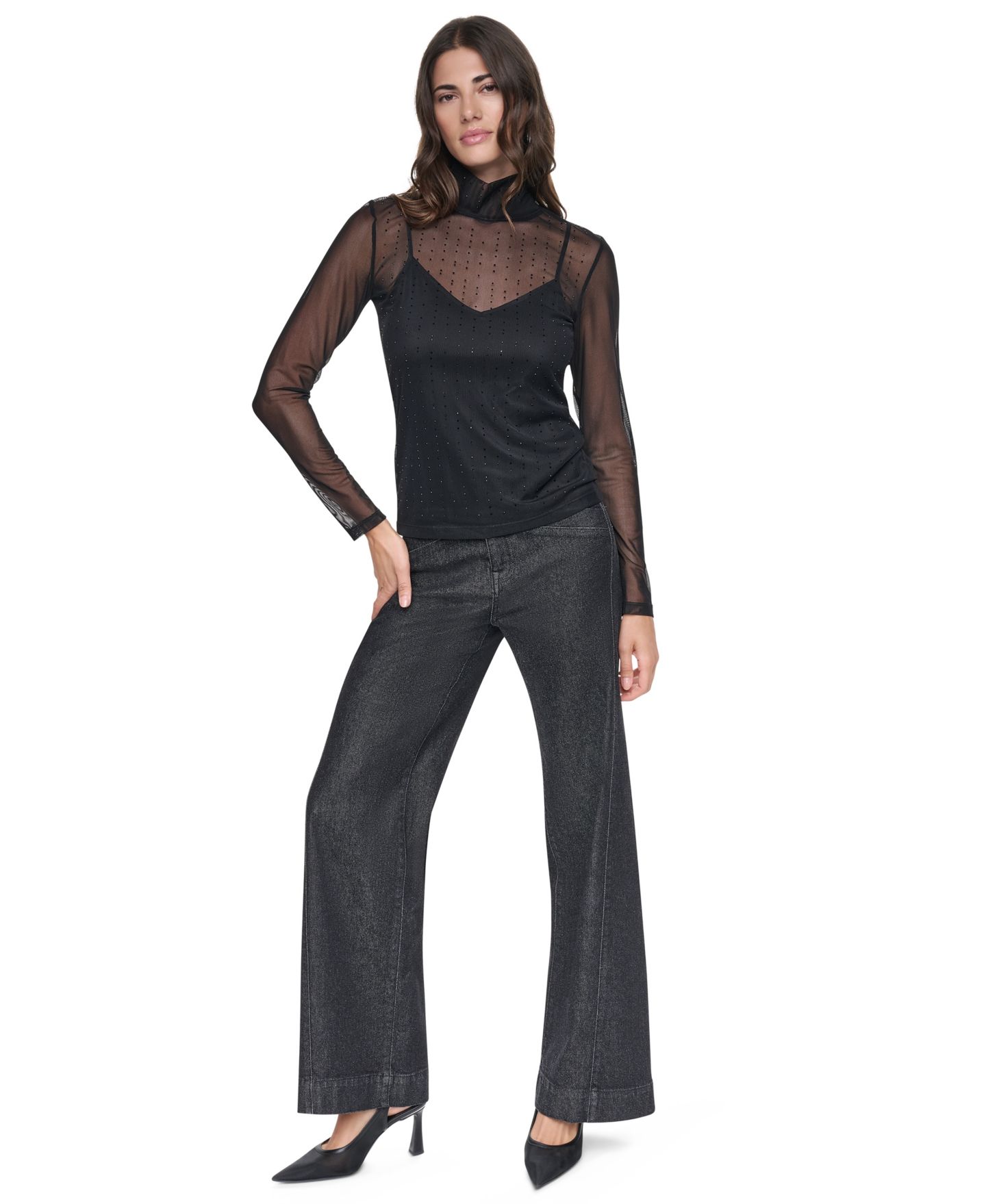 Женский топ DKNY Embellished Sheer Mesh, цвет: Чёрный — фото 2