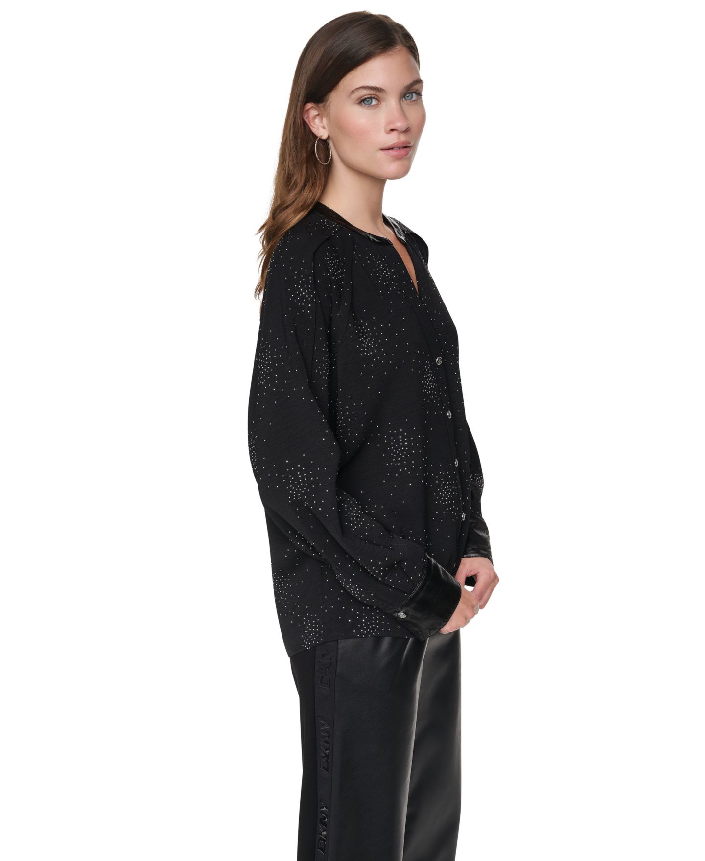 Женская блузка DKNY Firework Embellished Pleated Long-Sleeve, цвет: Чёрный — фото 3