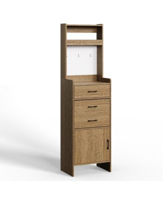 Slim Tall Wood Shoe Cabinet, Flip Drawer Entryway Organizer with Pegboard and Open Shelf