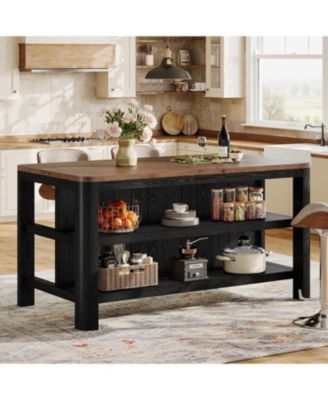 63" Solid Wood Kitchen Island with Storage, Farmhouse