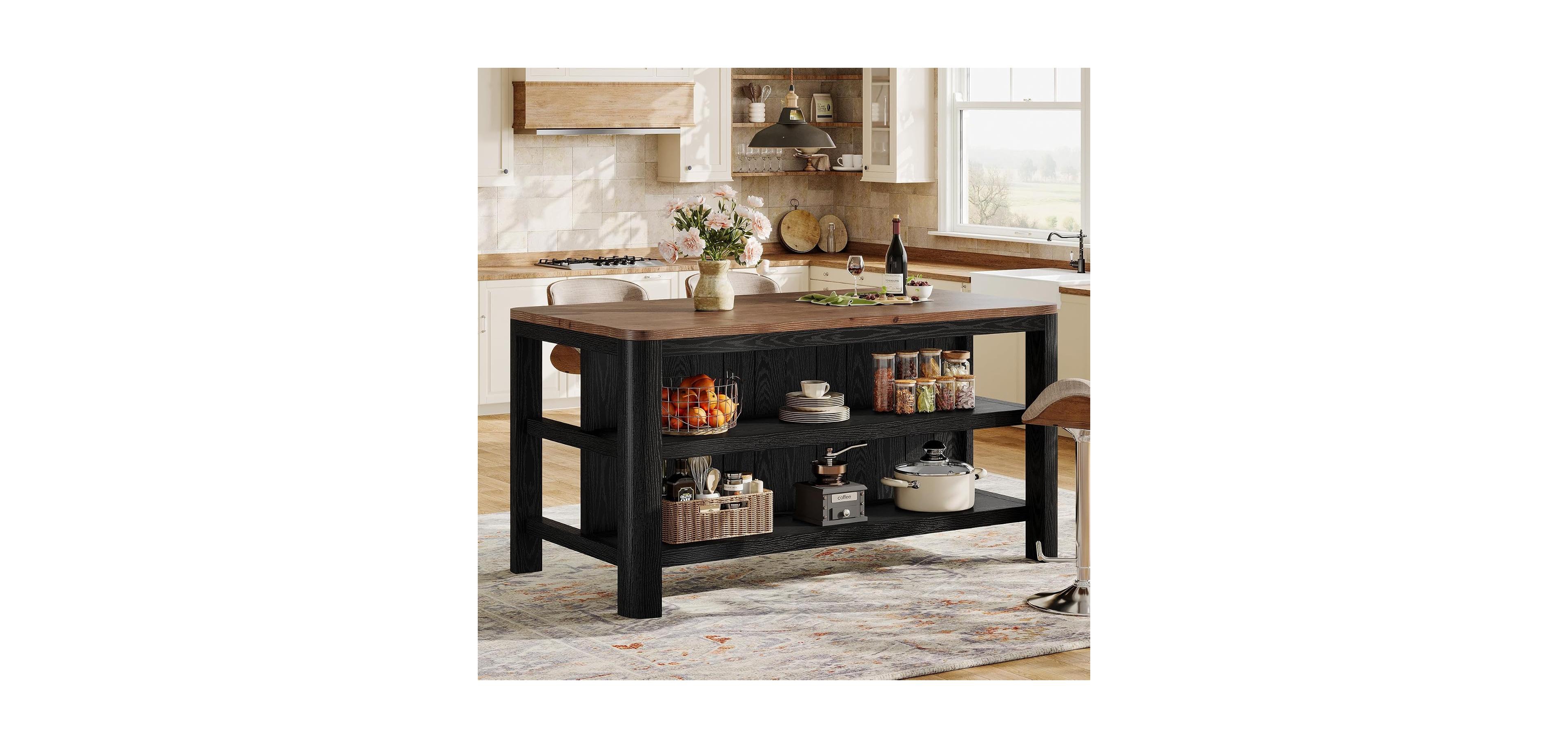 Tribesigns 63" Solid Wood Kitchen Island with Storage, Farmhouse