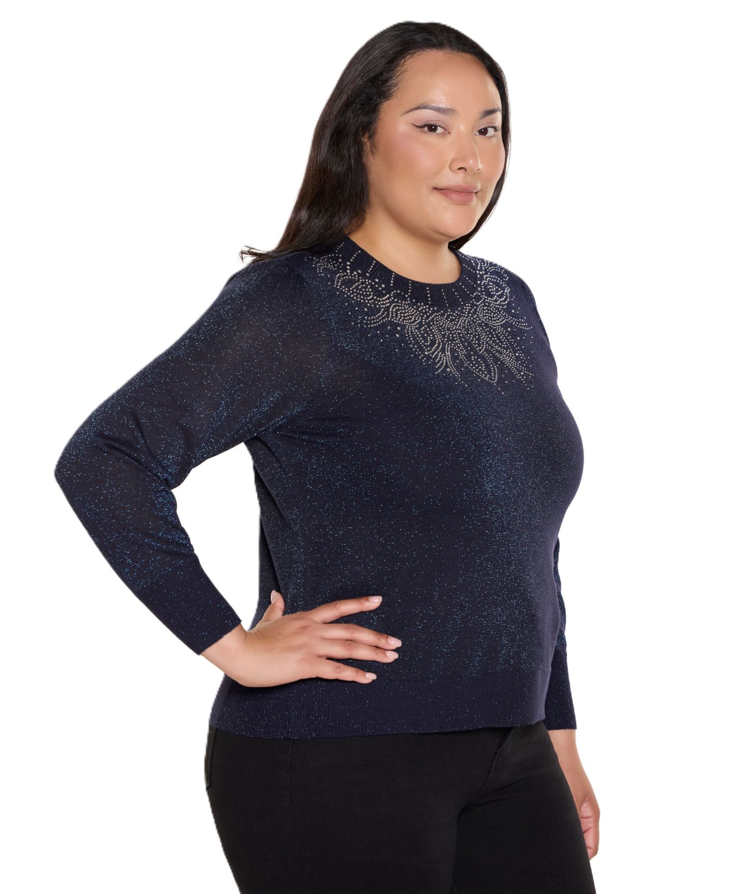 Женский свитер Belldini Plus Size Embellished Long-Sleeve Lightweight, цвет: Полуночный синий — фото 2