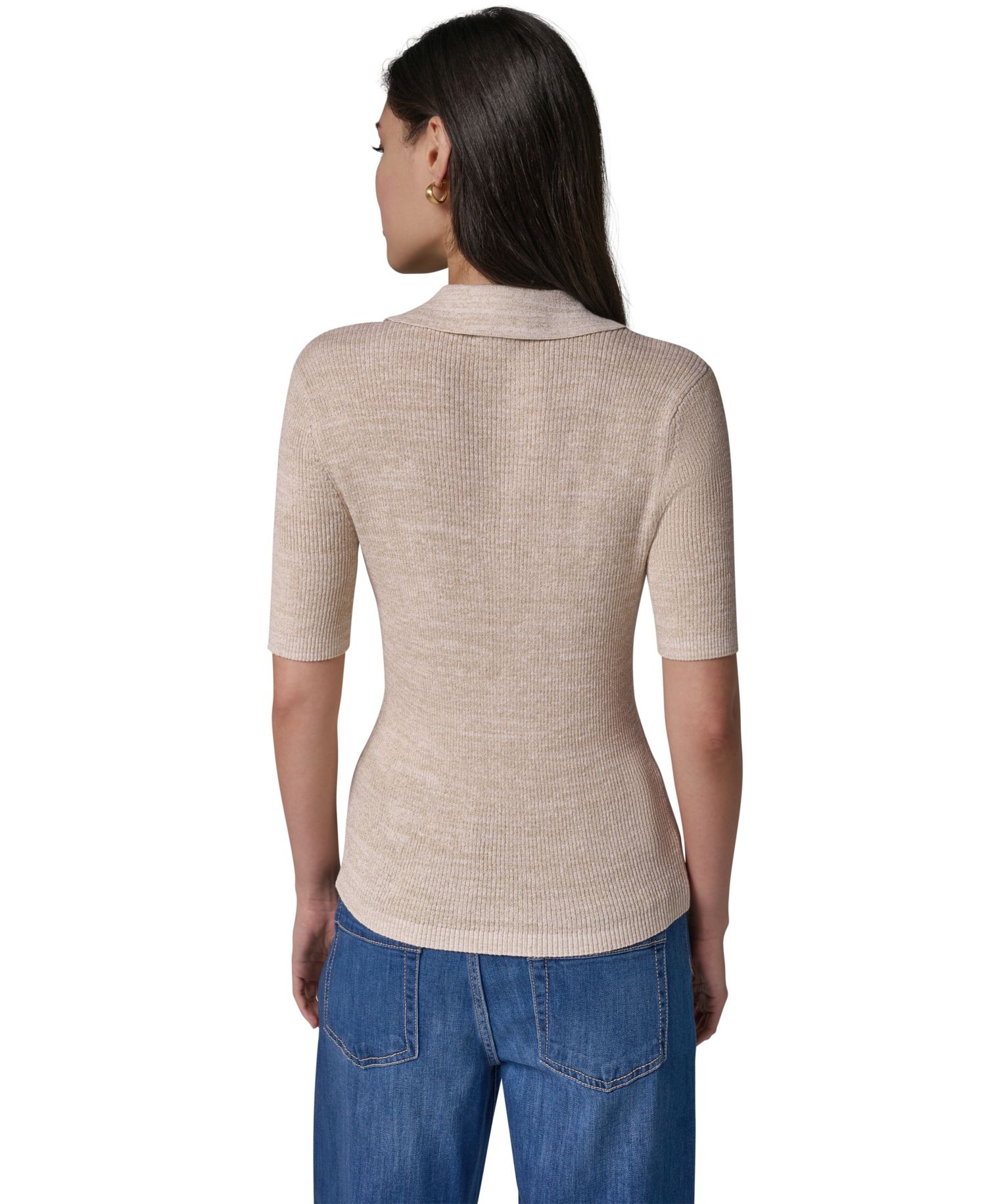 Women's Cotton Rib Elbow Sleeve Polo Sweater