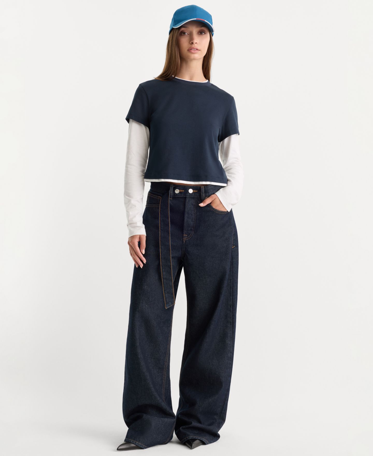 Женская футболка Good American Combo Layered Long-Sleeve, цвет: Тёмно-синий / Белый — фото 3